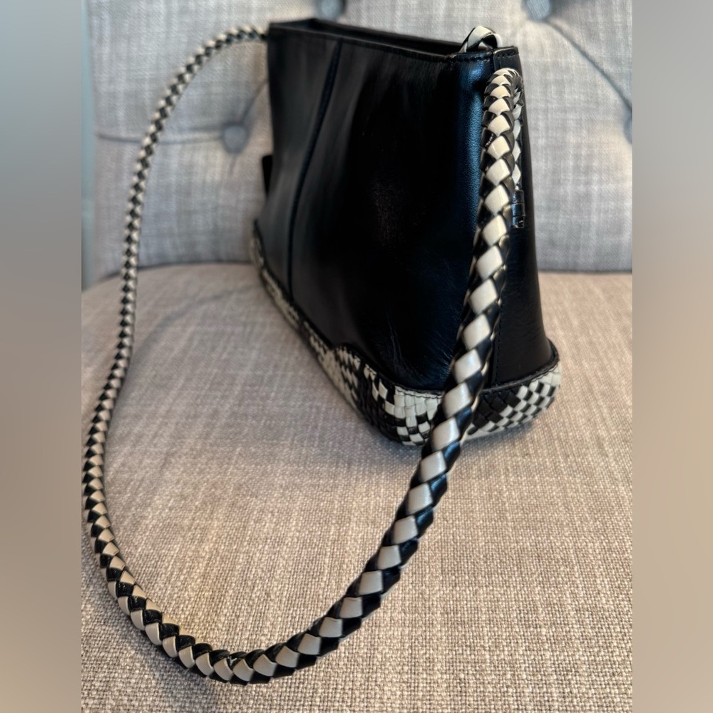 Etienne Aigner Black and Cream Woven-Trim Hobo Bag - Picture 7 of 9